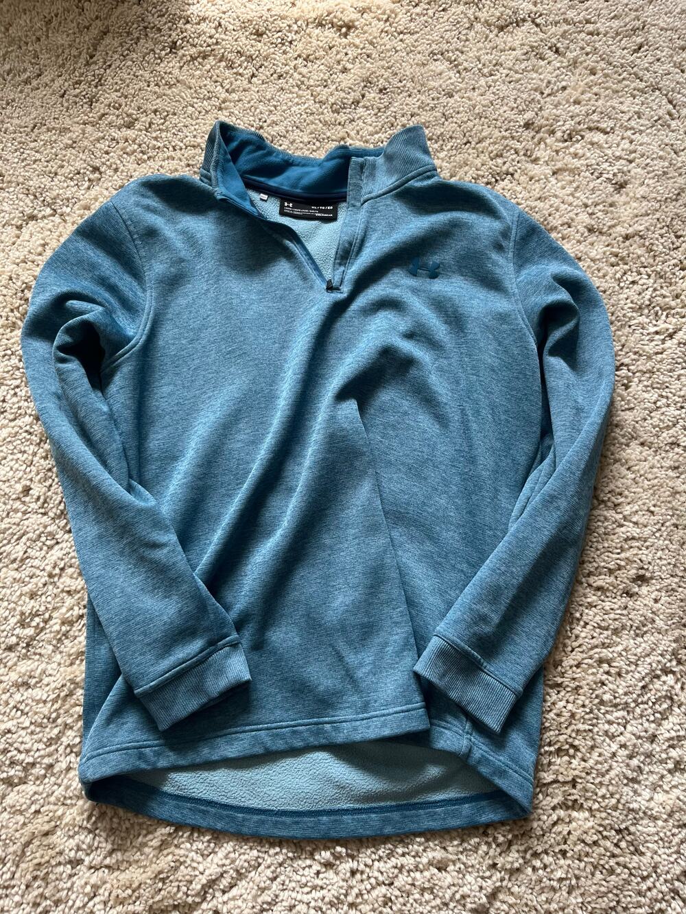 Under Armour heathered blue quarter zip pullover with stand collar and embroider